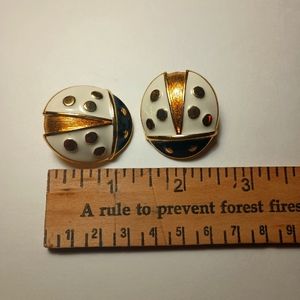 Chunky Vintage Ladybug Clip On Earrings Cream Enamel & Gold Tone